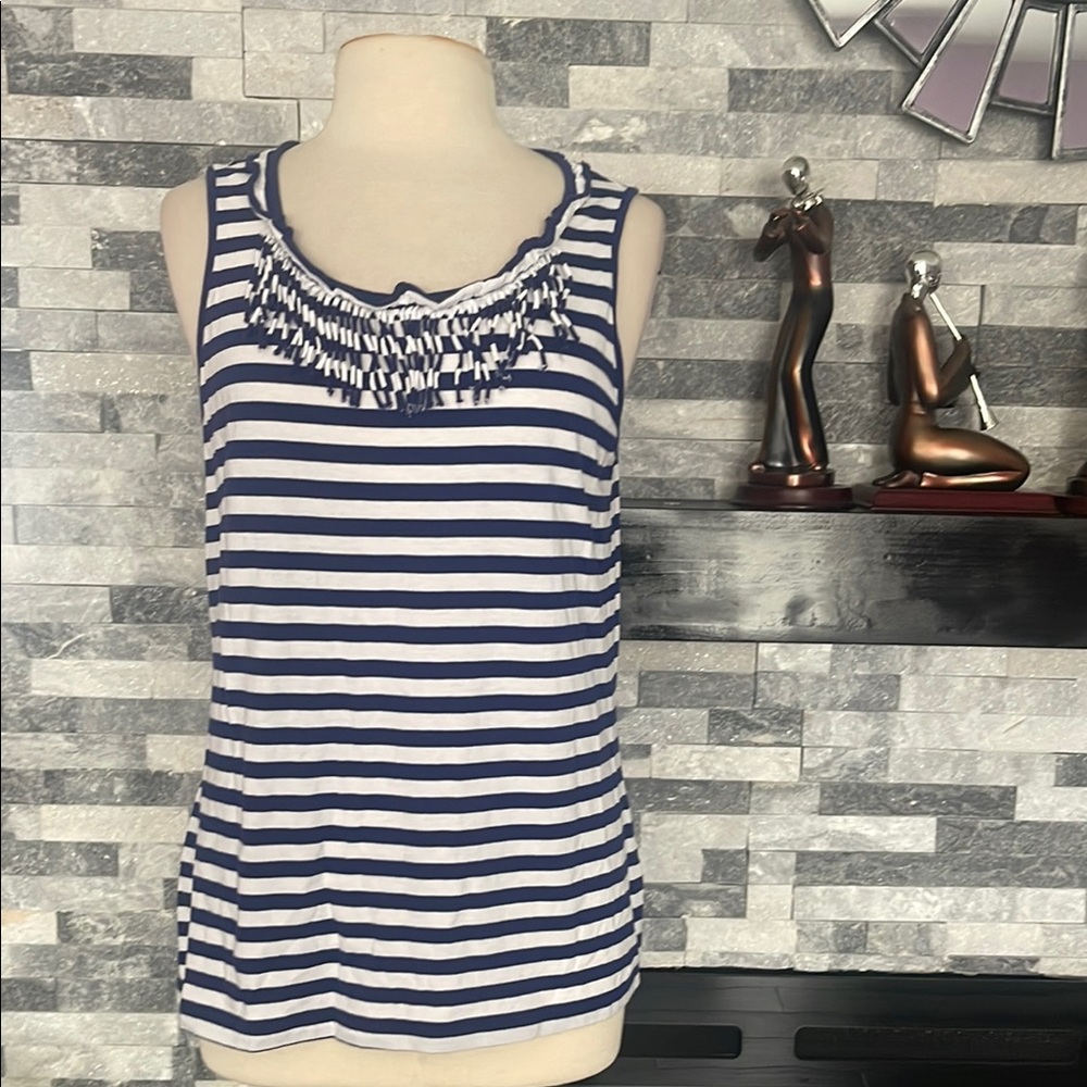 Chicos Womens Sleeveless Tank Navy Blue Stripes Fringe Neckline Sz 2